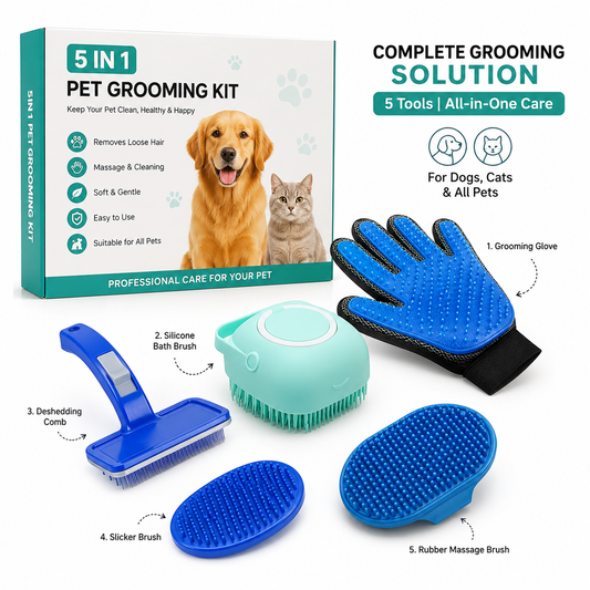 5-in-1 Pet Grooming Kit – Complete Hair Removal & Bath Care Set for Dogs & Cats